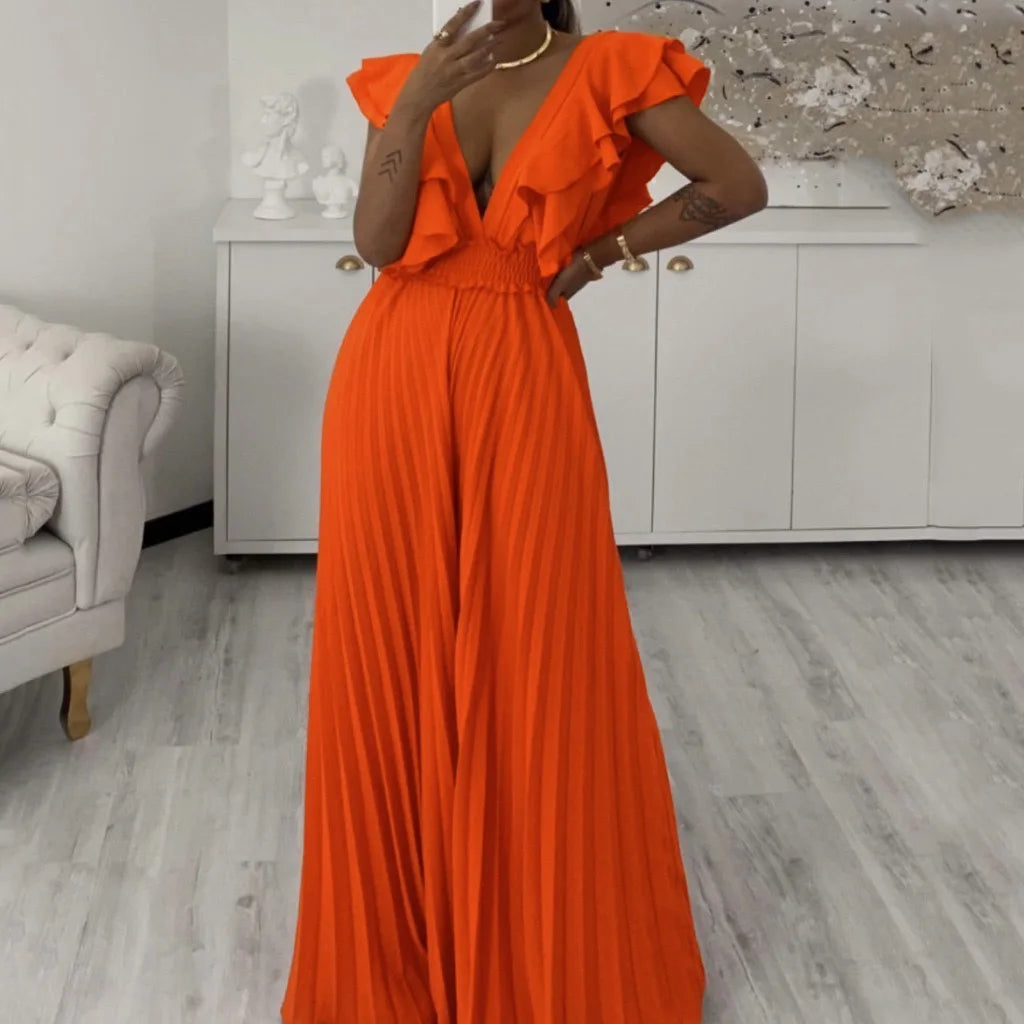 Elegant Pleated Jumpsuits & Rompers Women Deep V Neck Ruffles High Waisted Floor Length Luxury Birthday Party Dinner Outfits New  Amaijoin