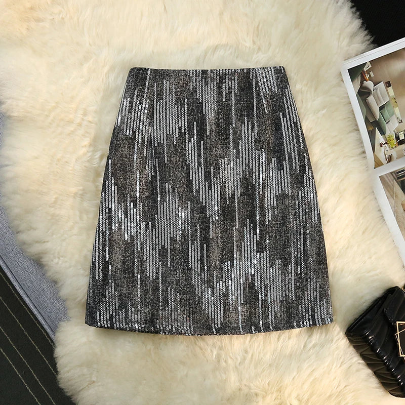 Seoulish Sequined Denim Women's A-line Skirt Fashionable 2024 New Summer Spring High Waist Slim Casual Wrap Mini Skirts Female  Amaijoin