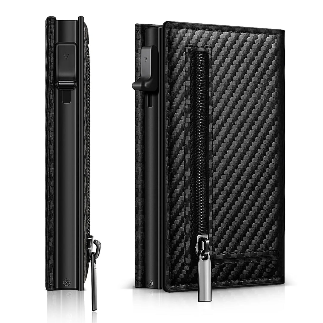 Men's Carbon Fiber Magnetic Card Holder PU Leather RFID Three-fold Automatic Card Holder With Zipper Coin Purse AirTag Wallet  Amaijoin