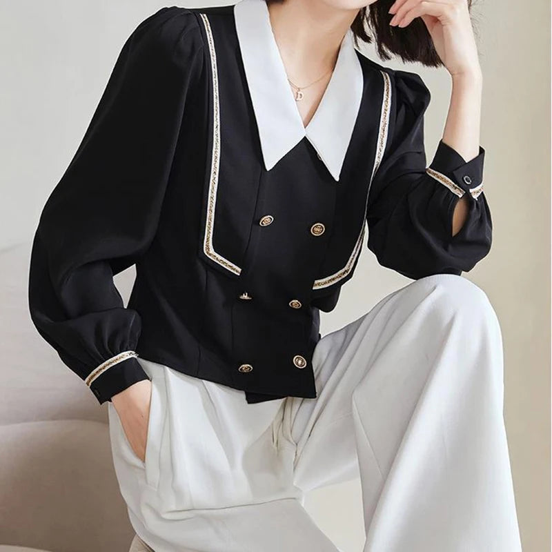 Black Double Breasted Elegant Patchwork Turn Down Collar Long-sleeve Top Shirt And Blouses Lady Trend 2024 Casual Woman Korean  Amaijoin