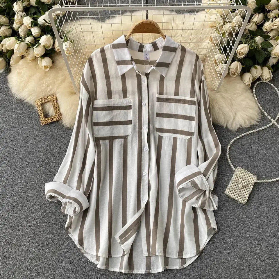 Fashion Woman Blouse 2023 Medium Length Vertical Stripe Shirt Jacket for Women's Korean Casual Loose Fitting Elegant Top  Amaijoin