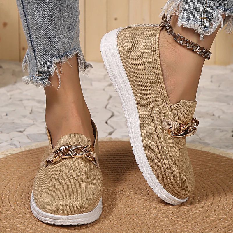 Metal Chain Decor Flats Shoes Women Plus Size 43 Mesh Breathable Shallow Loafers Woman 2023 Autumn Non-Slip Casual Shoes Ladies  Amaijoin