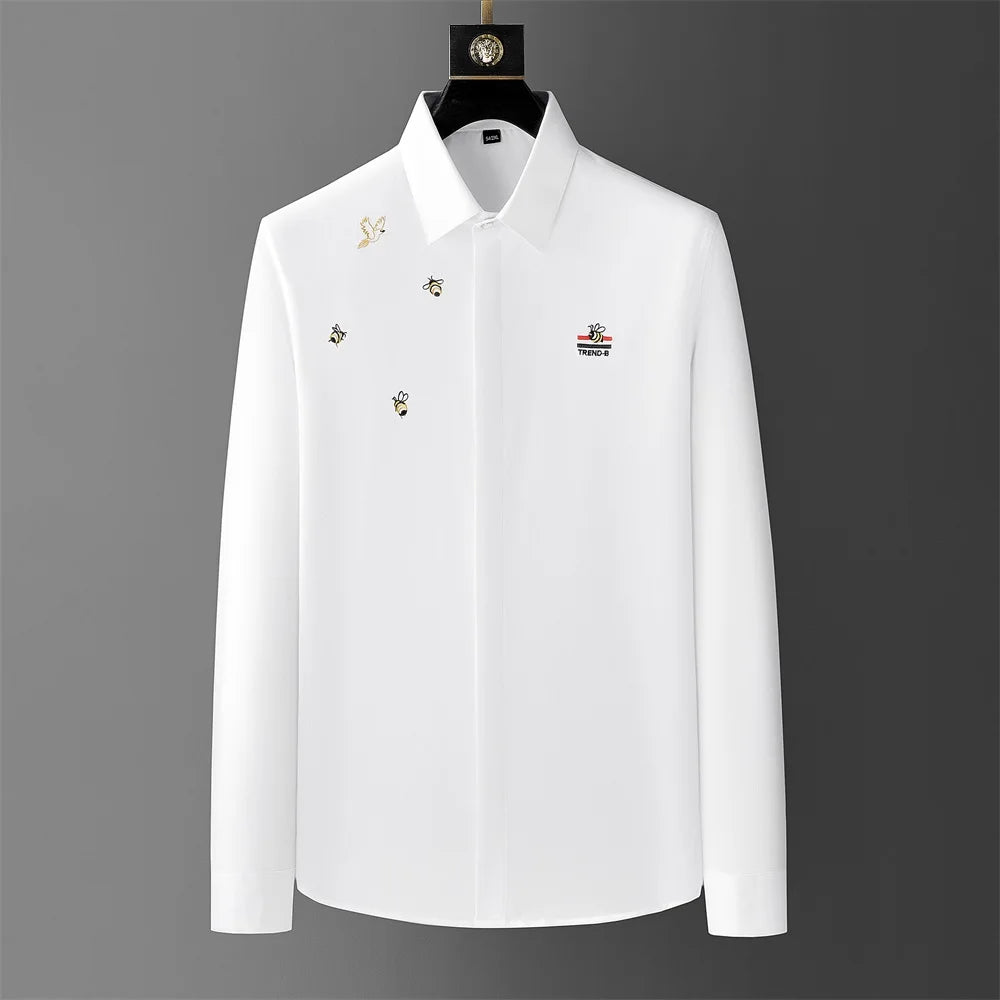 Brand Clothing Bee Embroidered Men's Shirt 2024 Spring Long Sleeved Casual Business Dress Shirts Slim Social Party Tuxedo Blouse  Amaijoin