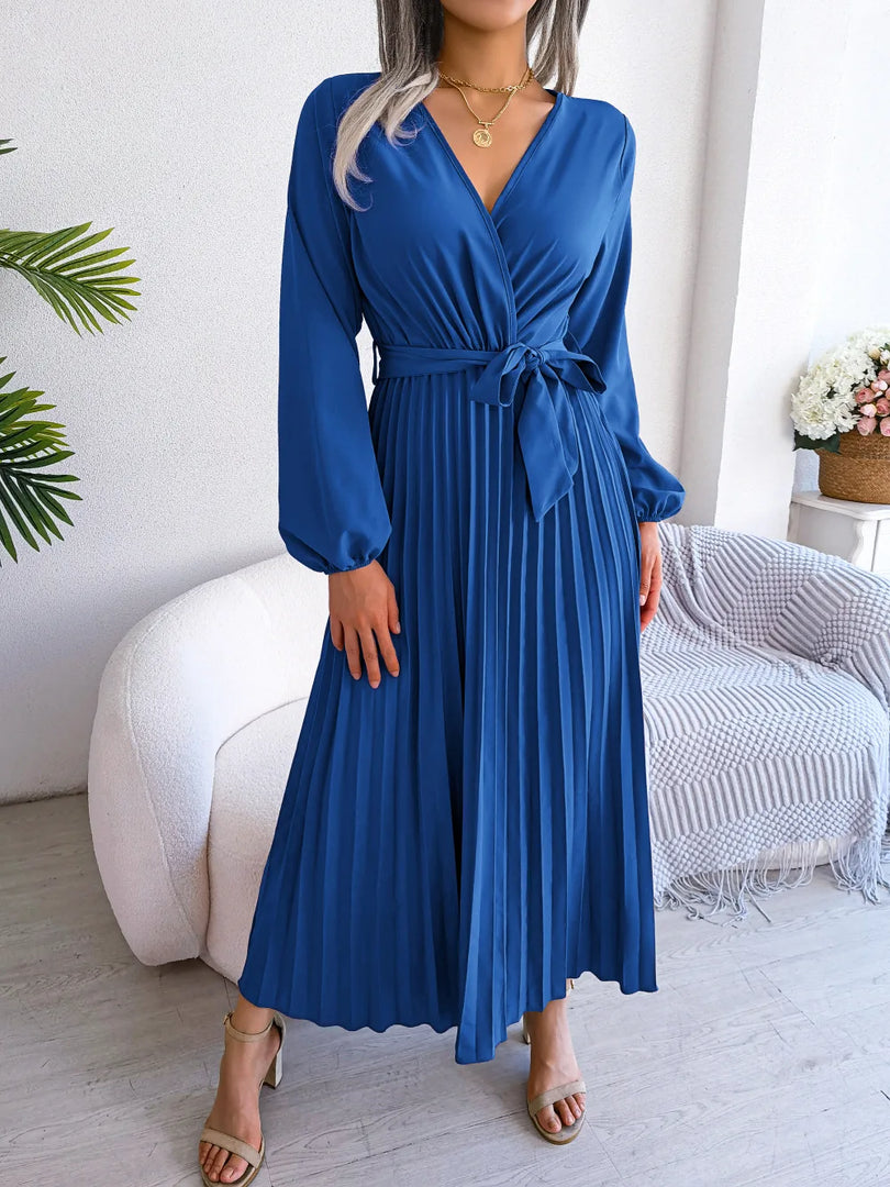 Women Elegant V Neck Long Sleeve Pleated Maxi Dress  Amaijoin