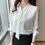 Load image into Gallery viewer, 2023 New Fashion Chiffon Women Blouse And Tops Office Long Sleeve White Women Shirts With Tie V Neck Loose Female Clothing 13022  Amaijoin
