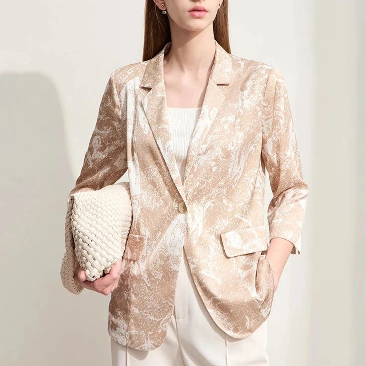 Amii Minimalism 2024 Silk Blazers Summer New Notched Printed Stretch Basics Fashion Three Quarter Women Commuter Blouse 12452146  Amaijoin