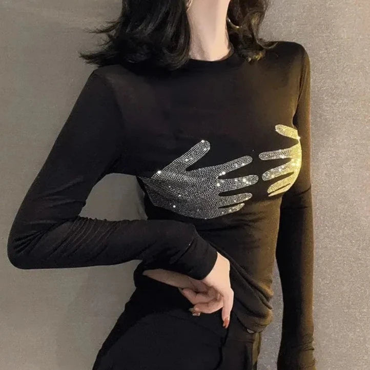 Hot Drill Long Sleeve T-shirt Slightly Transparent Sexy Mesh Bottom Shirt Women Spring Korean Slim Tops Aesthetic Y2k Skinny Tee  Amaijoin