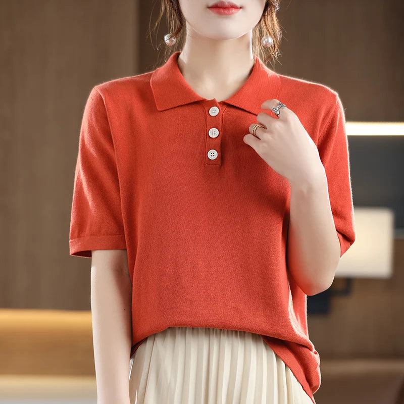 2024 New Women's Short sleeved 100% Wool Knitted POLO Neck Women's T-shirt Soft and Comfortable Short sleeved Women's Top  Amaijoin