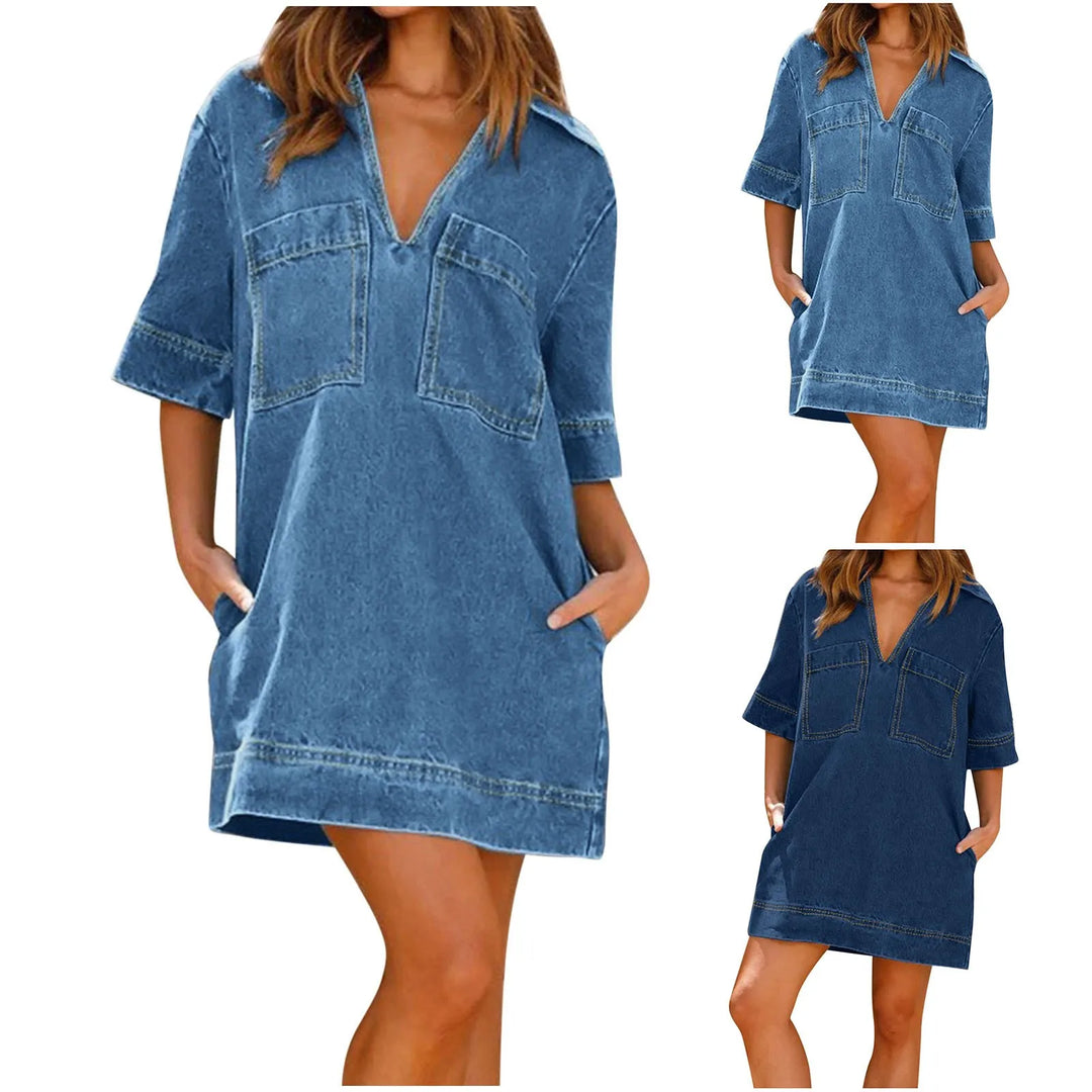 Lady V Neck Half Sleeve Mini Dress New Summer Lapel Pocket Denim Dress Streetwear Elegant Casual Temperament Commute Loose Dress  Amaijoin