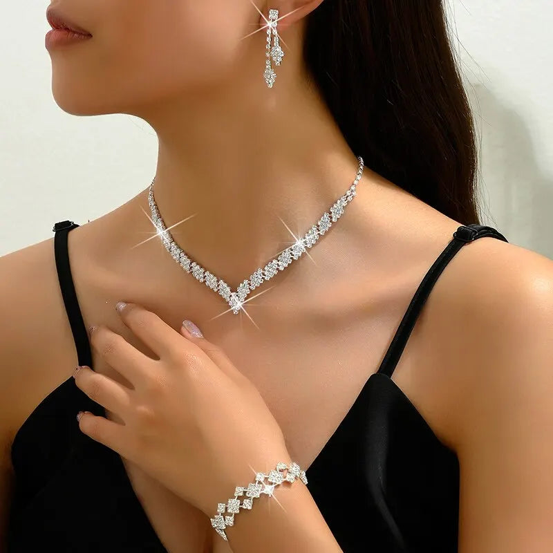 3 Pcs Bridal Jewelry Set Silver Plated Rhinestone Fold Clutch Bracelet Tassel Earrings Wedding Jewelry Gift Trendy Style  Amaijoin