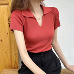 Carregue a imagem no visualizador da Galeria, Ice Silk Ribbed POLO Short Sleeve T-Shirt Chic Red Slim Urbane Casual Design Aesthetic Beautiful Woman Blouse Summer Clothing  Amaijoin
