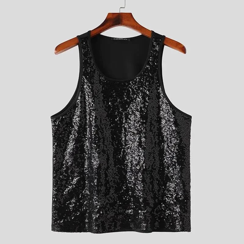 INCERUN Men Tank Tops Sequins Sparkling O-neck Sleeveless Casual Male Vests Streetwear 2024 Summer Fashion Party Men Clothing  Amaijoin