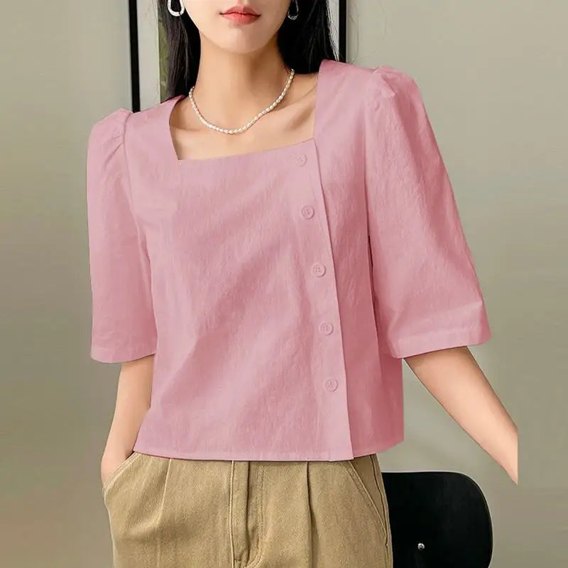 2024 VONDA Women Summer Fashion Blouses Shirts Square Collar Tops Tunic Half Puff Sleeve Casual Solid Color Buttons Loose Blusas  Amaijoin