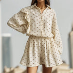 Carregue a imagem no visualizador da Galeria, Women Two Piece Set Cotton Linen Ruffle Shirt Shorts Summer Home Heart Pattern Long Sleeve Button Blouse Short Set Outfits  Amaijoin
