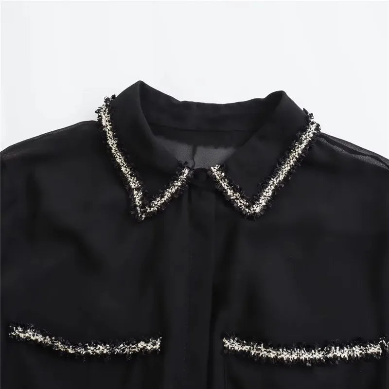 TRAF 2023 Textured Black Shirt Women Semi Sheer Chiffon Blouse Female Button Up Elegant Chic Woman Shirt Autumn Long Sleeve Top  Amaijoin