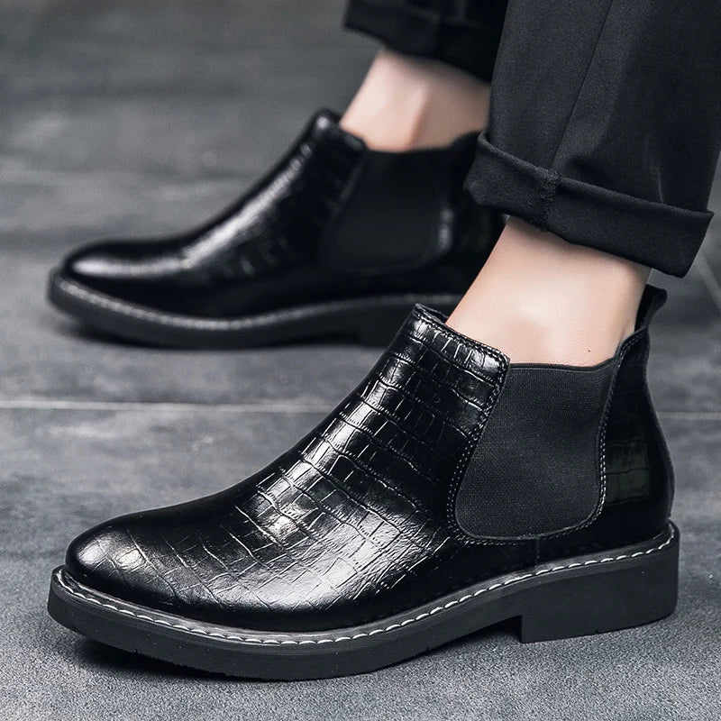 38-46 Men Boots 5CM Heel Leather Autumn Fashion Chelsea Shoes Comfortable Brand Black Safety Ankle Flats Cool Gift  Amaijoin