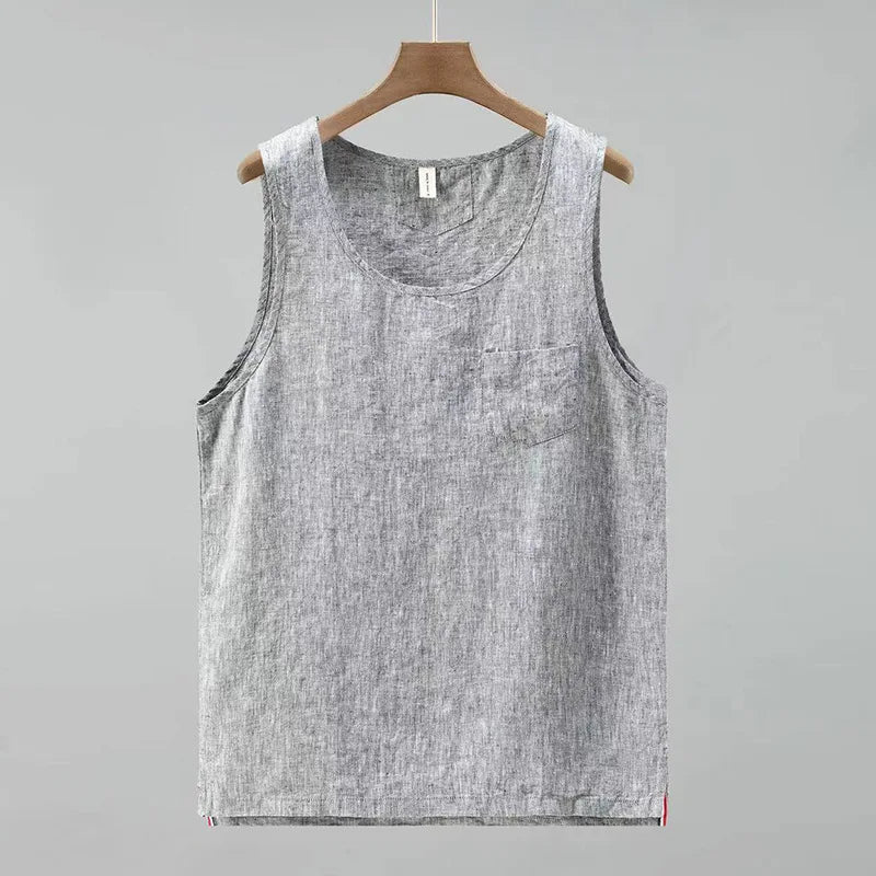 100% Linen Yarn Dyed High Quality Vest Summer Fashion Men's Solid Color Simple Pocket Casual Waistcoat Teens Gym Sleeveless Tank  Amaijoin