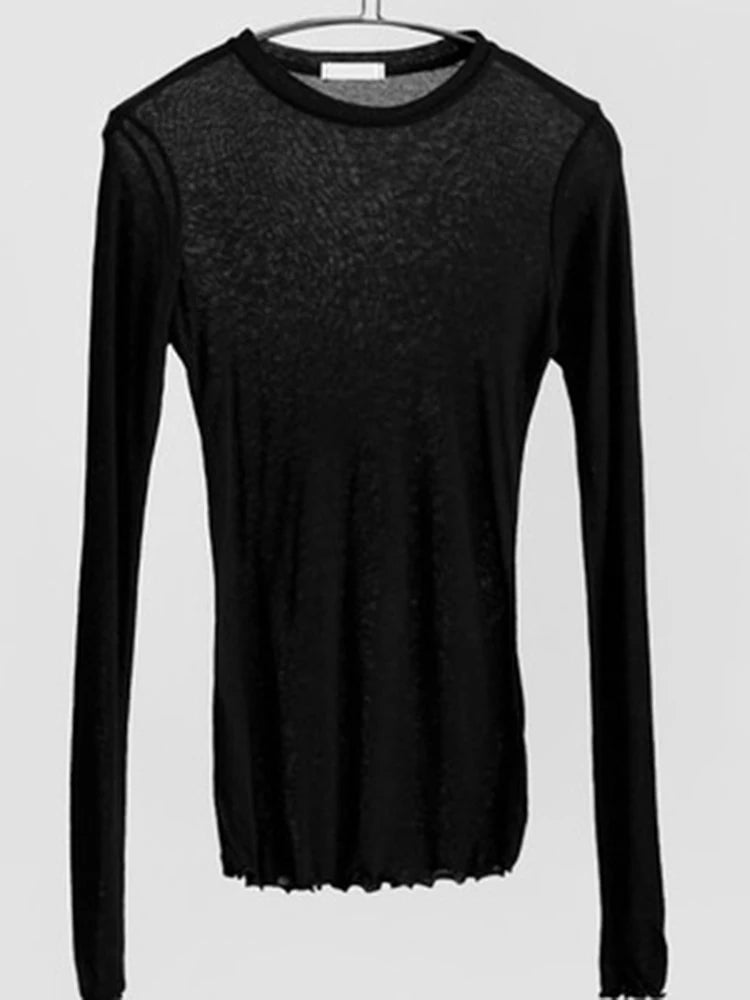 High Quality Plain T Shirt Women Cotton Elastic Basic T-shirts Female Casual Tops Long Sleeve Sexy Thin T-shirt see through  Amaijoin