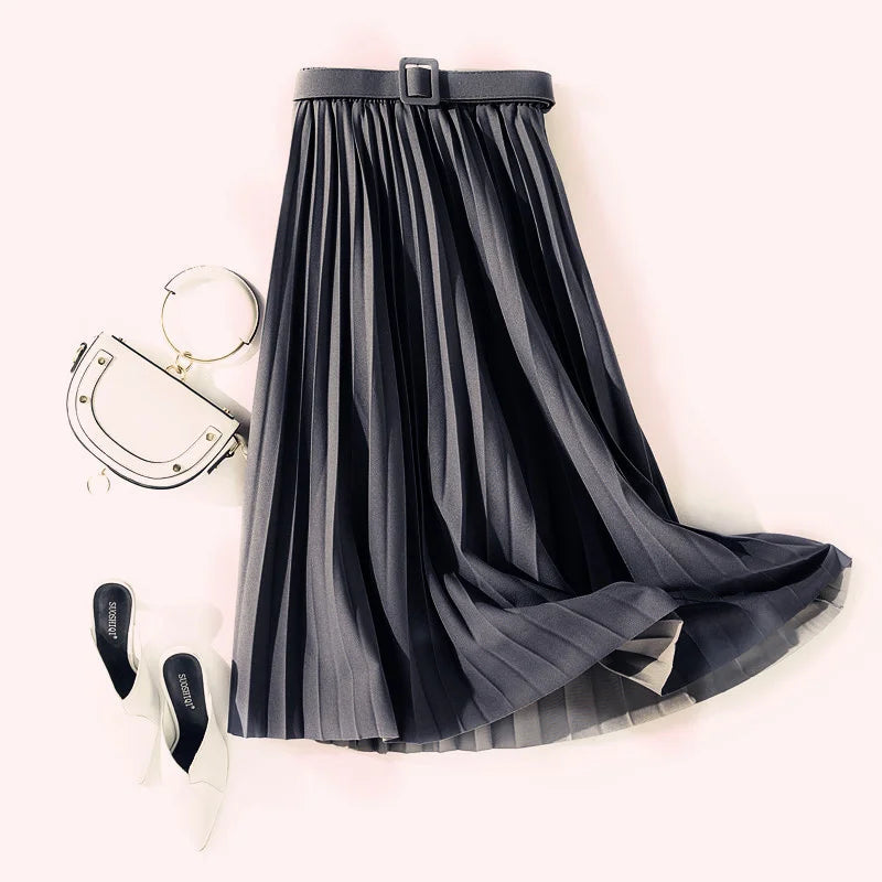 XFPV 2023 New Autumn Summer Fashion Solid Color High Waist Pleated A Line medium and long Skirt Women SM1983  Amaijoin