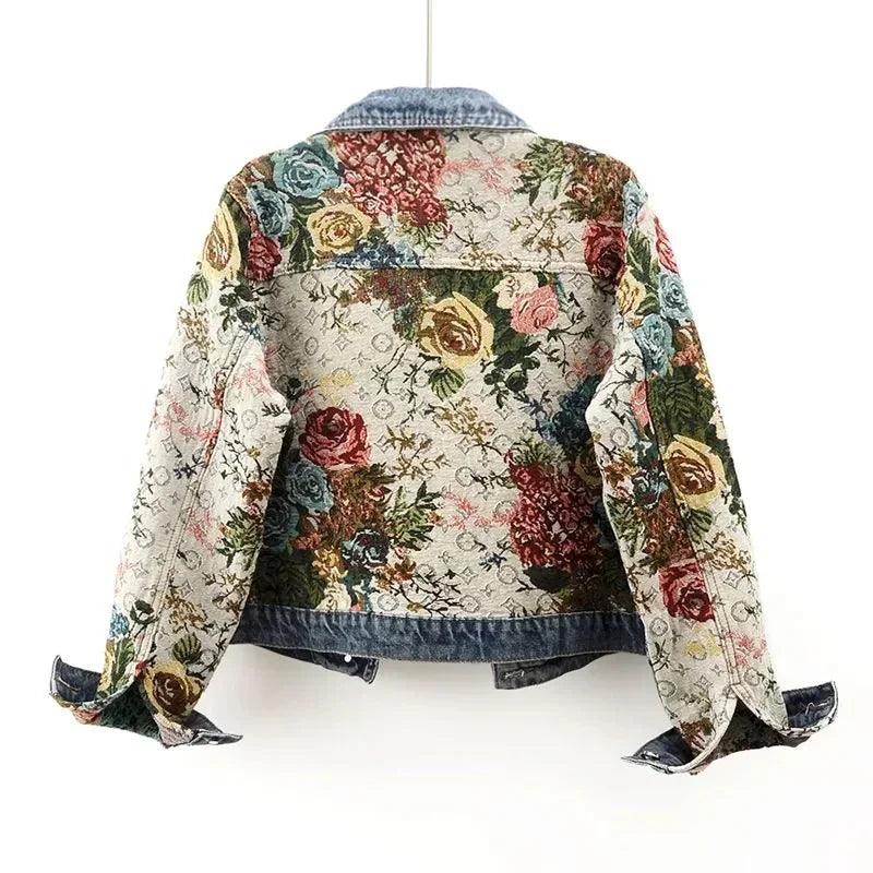 2024 Spring Autumn New Print Denim Jacket Splicing Long Sleeve Lapel Pocket Denim Tops Women's Short Jacket Fashion Cowgirl Coat  Amaijoin