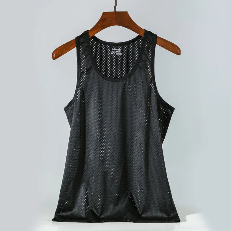 Summer Quick-Drying Thin Breathable Ice Silk Vest Men Tops Sport T Shirts Sleeveless Mesh Hole Tank Tops Gym Clothing Outer Wear  Amaijoin