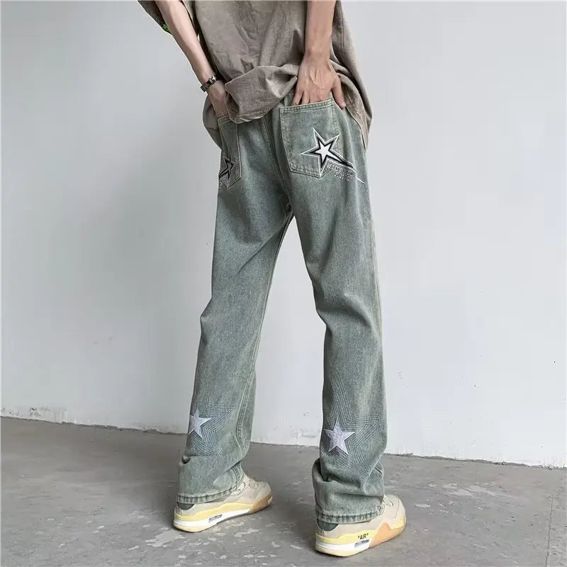 2023 Y2K Fashion Star Embroidery Baggy Jeans Pants Men Clothing Straight Washed Blue Women Luxury Denim Trousers Pantalon Homme  Amaijoin