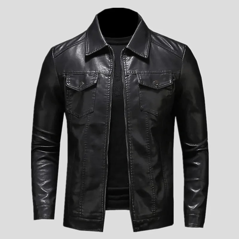 Men's Motorcycle Leather Jacket Large Size Pocket Black Zipper Lapel Slim Fit Male Spring and Autumn High Quality Pu Coat M-5Xl  Amaijoin