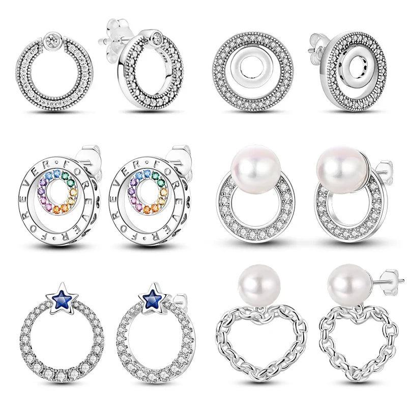 New Fashion 925 Sterling Silver Double Circle Earrings For Women Shining Zircon Piercing Ear Studs Fine Engagement Jewelry  Amaijoin