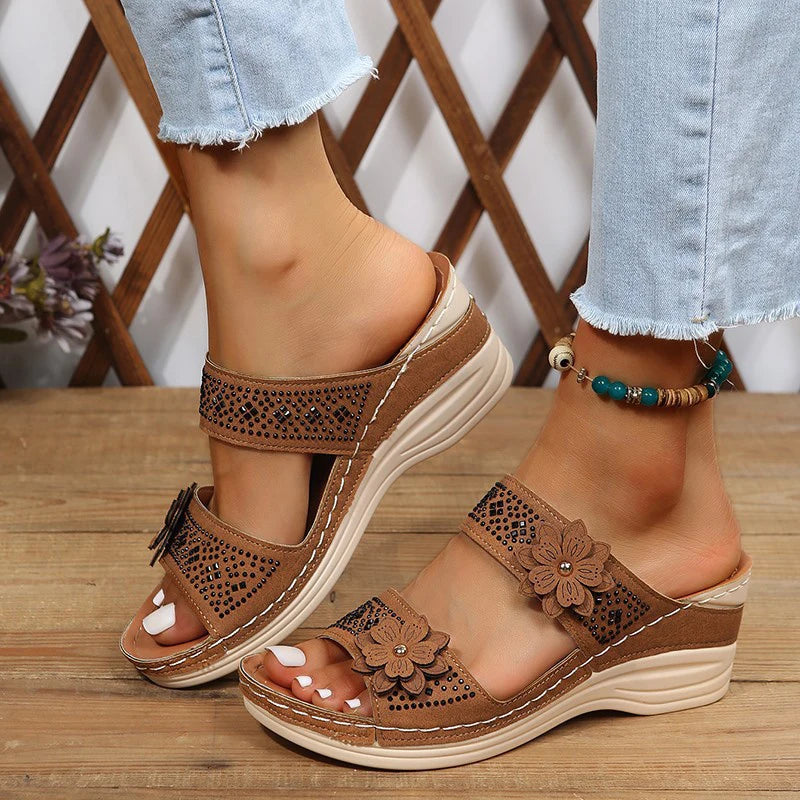 Summer Women Slippers Plus Size Women's Shoes Retro Roman Sandals Women Pu Casual Flower Wedge Sandals Platform Slippers Heel  Amaijoin