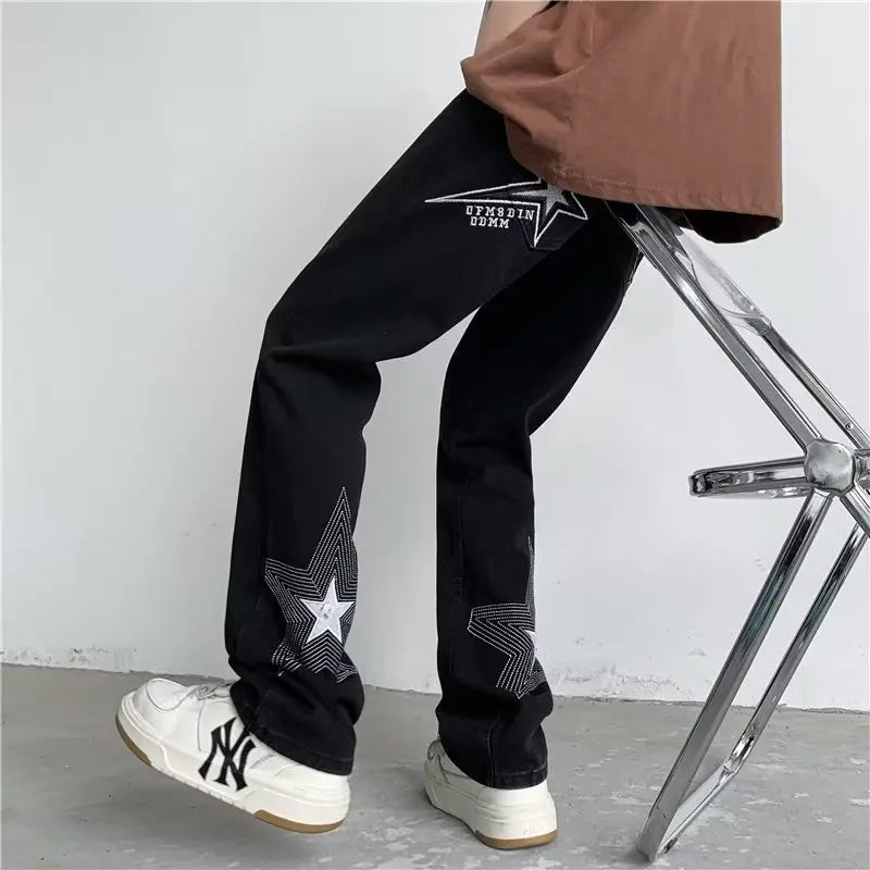 2023 Y2K Fashion Star Embroidery Baggy Jeans Pants Men Clothing Straight Washed Blue Women Luxury Denim Trousers Pantalon Homme  Amaijoin