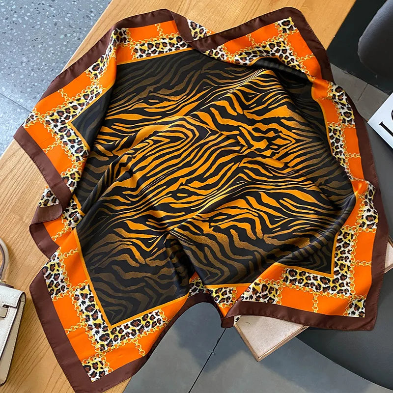 New Satin Shawl Design Wild leopard Print Silk Square Women neck scarves Wrap Headkerchief Beach Hair Band women's bandana  Amaijoin