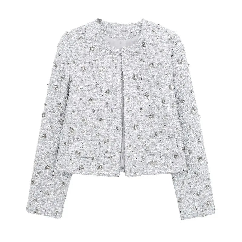 TRAF 2024 Woman's Fashion Spring Chic Sequins Short Coats Female Long Sleeves Fake Pocket Silver Sequins Decoration Women Jacket  Amaijoin