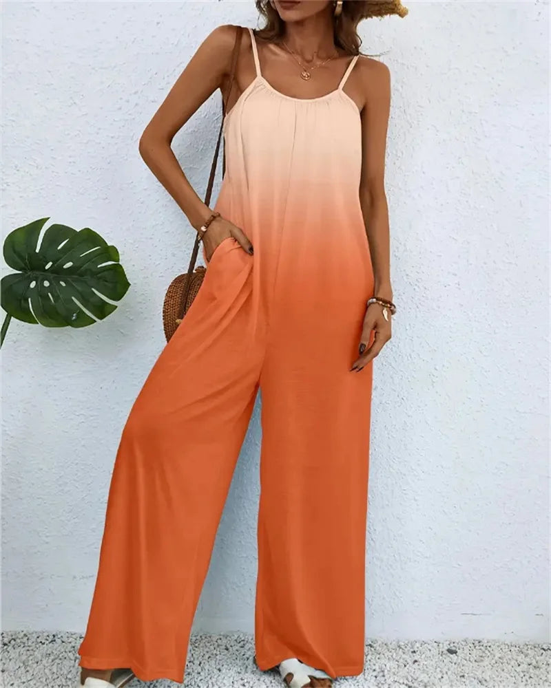 Spring and summer 2024 ladies digital printing color gradient sleeveless casual baggy jumpsuit  Amaijoin