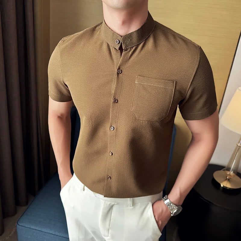 High Quality Stand Collar Shirt for Men Fashion Slim Fit Casual Shirts Short Sleeve Business Social Formal Shirt Men Clothing  Amaijoin