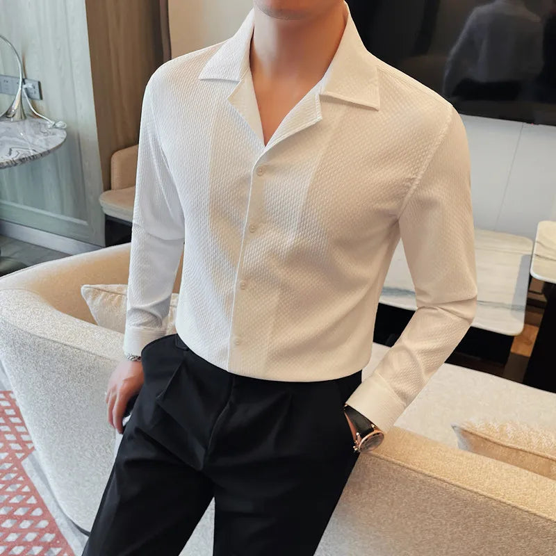 2024 Spring Summer V-neck Long Sleeved Shirt for Men's Business Casual Formal Dress Shirts Male Social Party Tuxedo Streetwear  Amaijoin