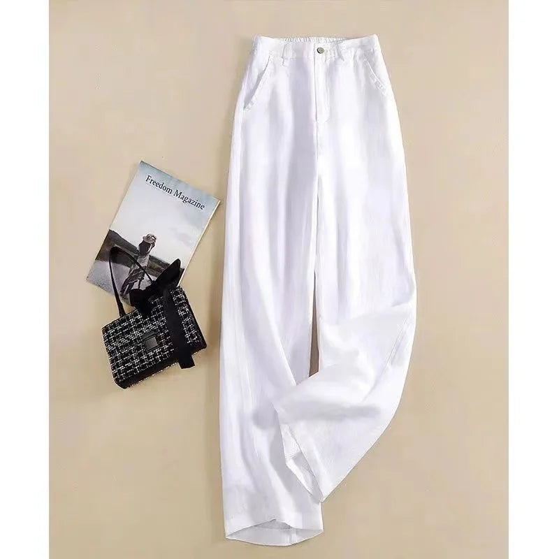 Summer Baggy Cotton Linen Pants Women Elegant High Waist White Wide Leg Pants Woman Casual Loose Straight Full Trousers Female  Amaijoin