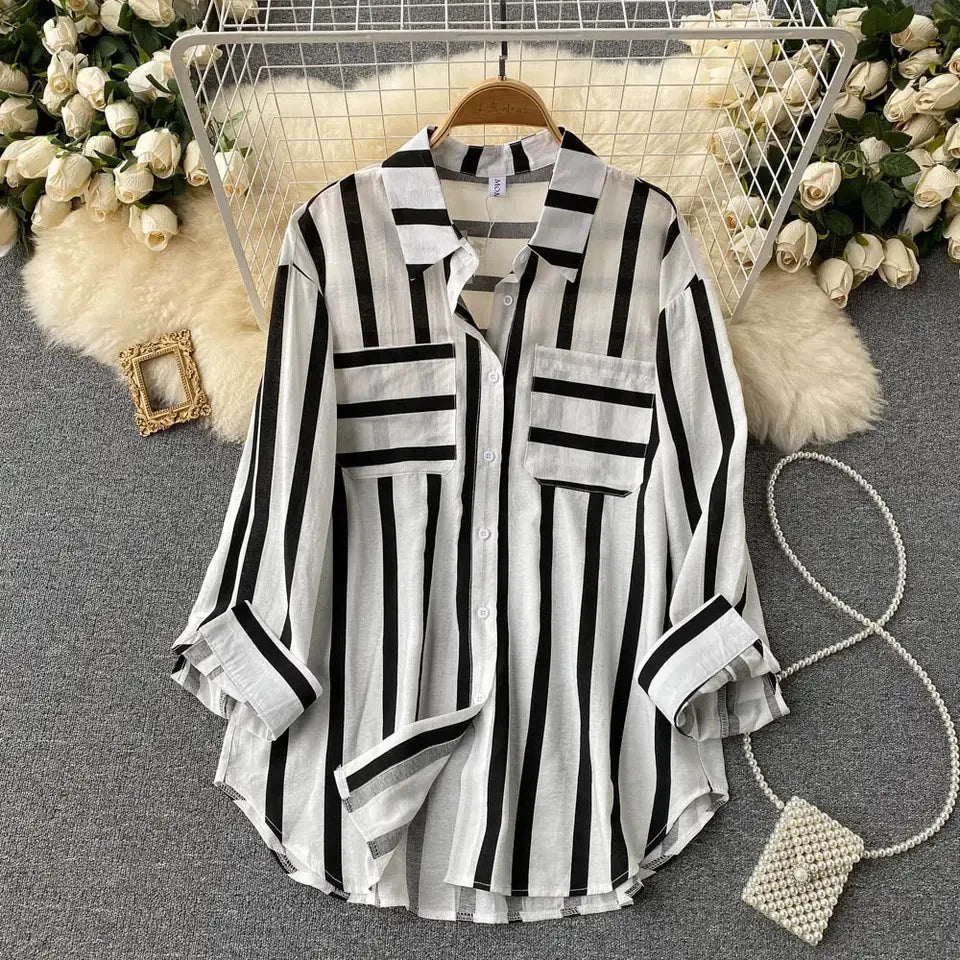 Fashion Woman Blouse 2023 Medium Length Vertical Stripe Shirt Jacket for Women's Korean Casual Loose Fitting Elegant Top  Amaijoin