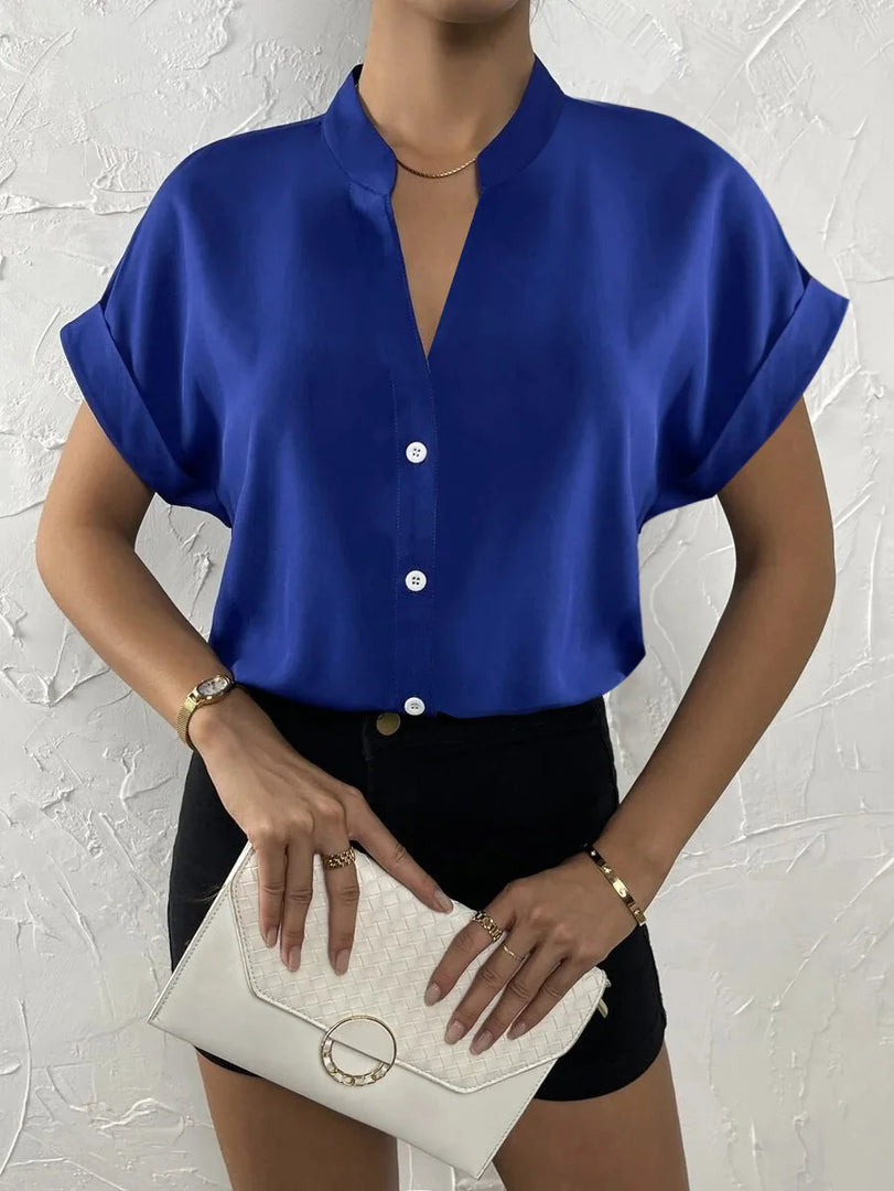 Summer Minimalist Women's V-neck Shirt 2023 Elegant Women's Satin Red Short Sleeved Single Breasted Casual Fitting Office Shirt  Amaijoin