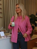 Carregue a imagem no visualizador da Galeria, TRAFZA Women Fashion Pocket Decoration Casual Simple Stripe Loose Shirt   Poplin Single Breasted Long Sleeve Lapel Rose Top  Amaijoin
