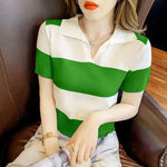 Load image into Gallery viewer, Clothing T-shirt Woman Tops Red Knit Polo Neck Shirts for Women Green Striped Short Sleeve Tee V Cute Youth High Quality Cotton  Amaijoin
