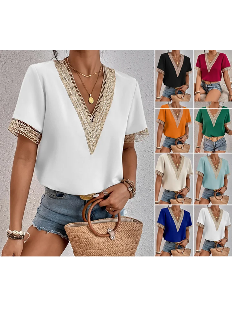 2023 summer new lace V-neck short-sleeved T-shirt women loose casual blouse thin solid color pullover  Amaijoin