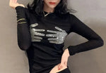 Carregue a imagem no visualizador da Galeria, Hot Drill Long Sleeve T-shirt Slightly Transparent Sexy Mesh Bottom Shirt Women Spring Korean Slim Tops Aesthetic Y2k Skinny Tee  Amaijoin
