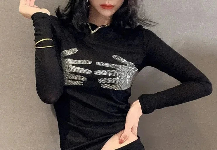 Hot Drill Long Sleeve T-shirt Slightly Transparent Sexy Mesh Bottom Shirt Women Spring Korean Slim Tops Aesthetic Y2k Skinny Tee  Amaijoin