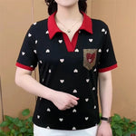 Carregue a imagem no visualizador da Galeria, Women&#39;s Clothing 2024 Summer Stylish Rhinestone Tees Print Patchwork Polo Collar T-shirts Ladies Casual Short Sleeve Loose Tops  Amaijoin
