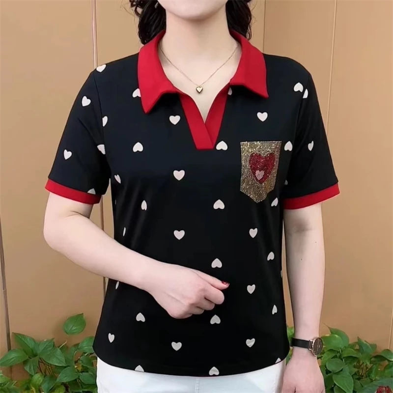 Women's Clothing 2024 Summer Stylish Rhinestone Tees Print Patchwork Polo Collar T-shirts Ladies Casual Short Sleeve Loose Tops  Amaijoin