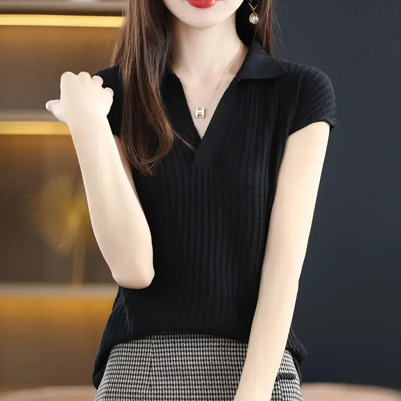 Women's T Shirts Clothes Black Top White Polo Neck Shirt Short Sleeve Tee Knit Green Aesthetic Offer Free Shipping Cute V New  Amaijoin