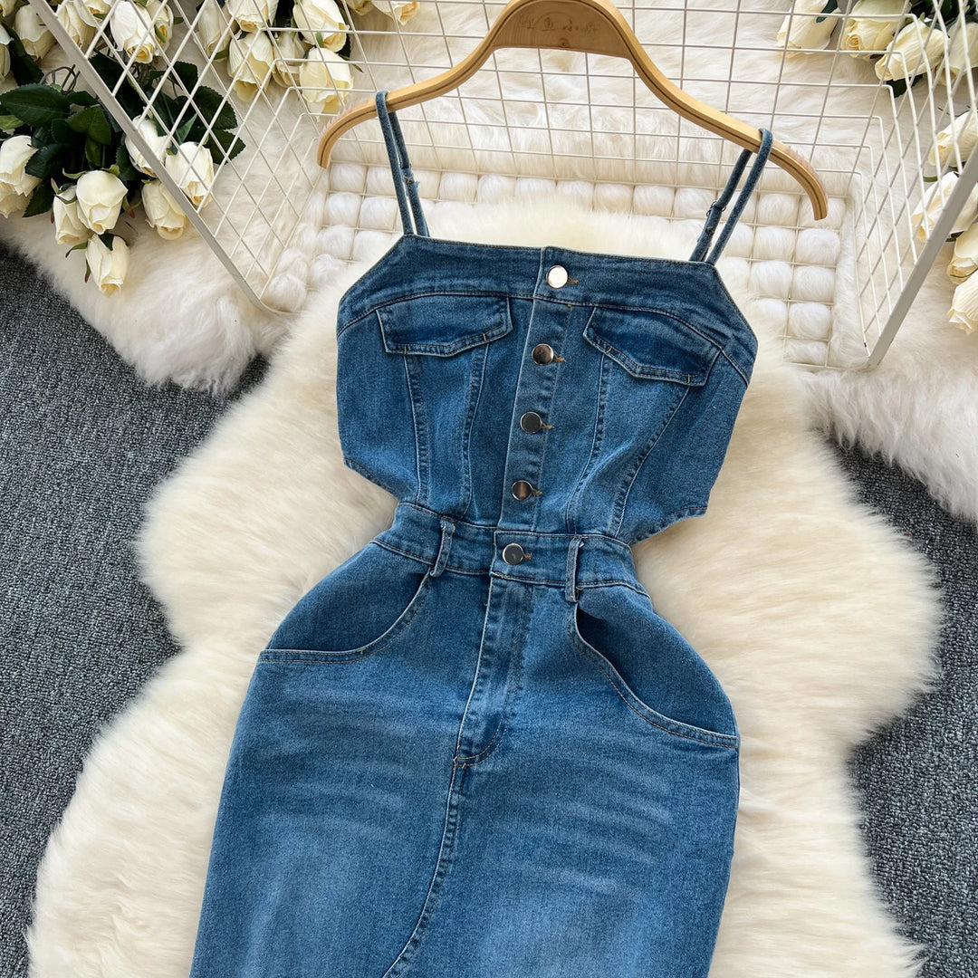 Women Summer Jeans Dresses Single Breasted Slim Waist Spaghetti Strap Taseel Split Long Denim Dress Vestidos  Amaijoin