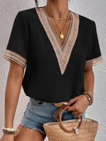 Carregue a imagem no visualizador da Galeria, 2023 summer new lace V-neck short-sleeved T-shirt women loose casual blouse thin solid color pullover  Amaijoin
