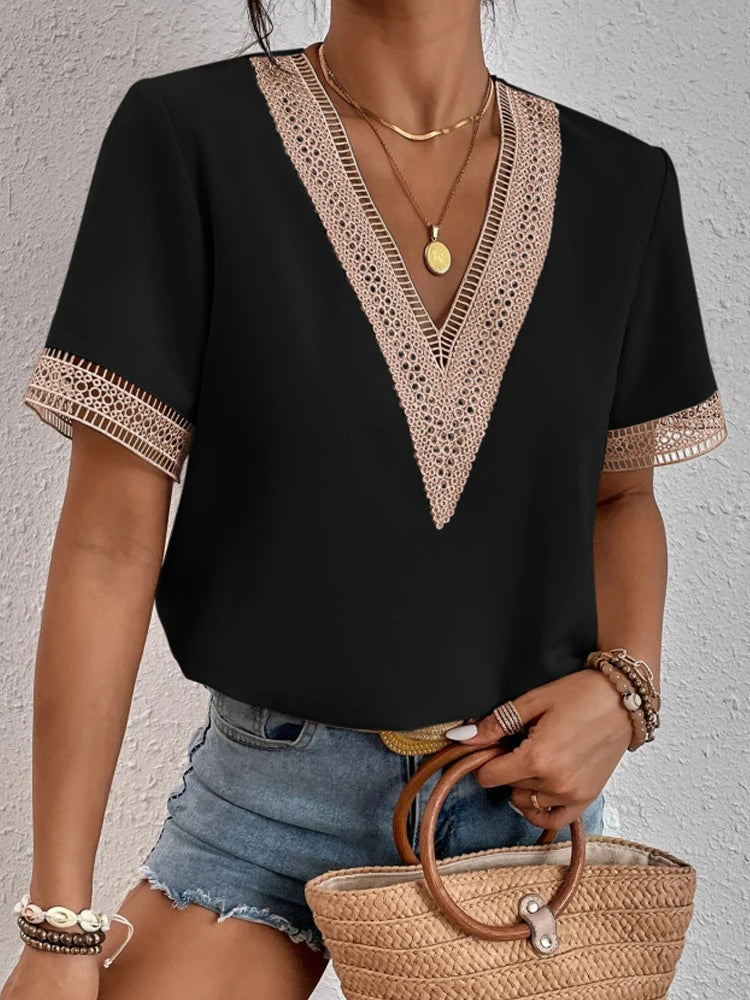 2023 summer new lace V-neck short-sleeved T-shirt women loose casual blouse thin solid color pullover  Amaijoin