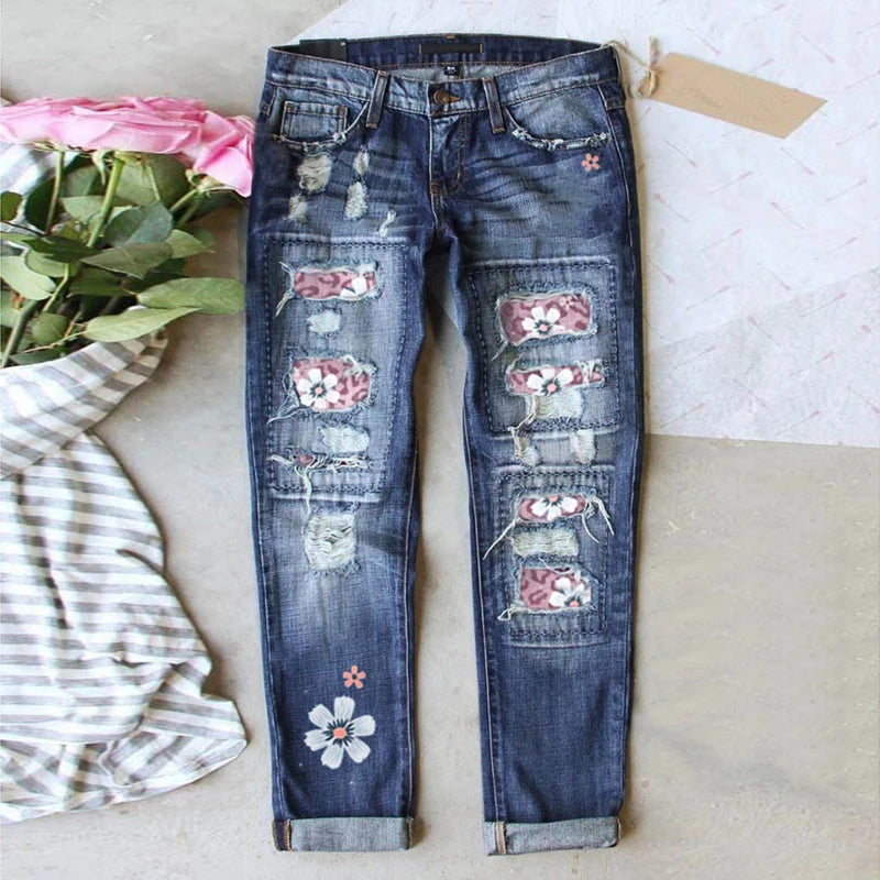 Printed washed jeans for women spring and autumn high street ins style casual wide leg pants American straight trousers  Amaijoin